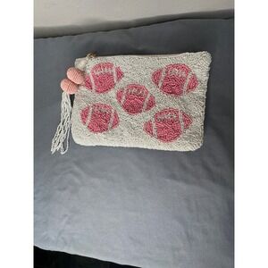 Pink Football Hand‎ Beaded Clutch Bag White Game Day Tassel Zip Pouch
